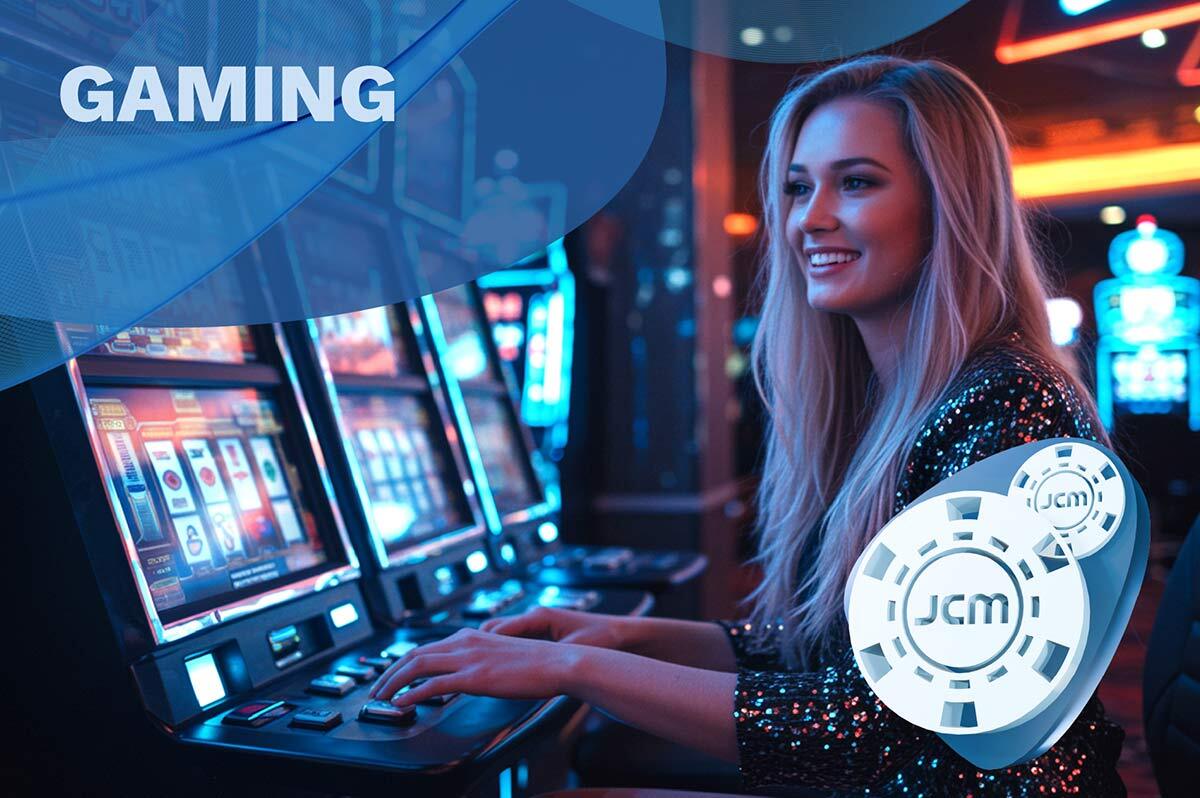 Image of a person playing a slot machine.